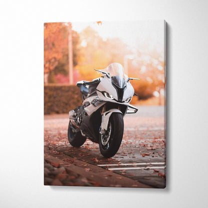 Vertical canvas art featuring a BMW S1000RR motorcycle in autumn setting with warm tones wall art.