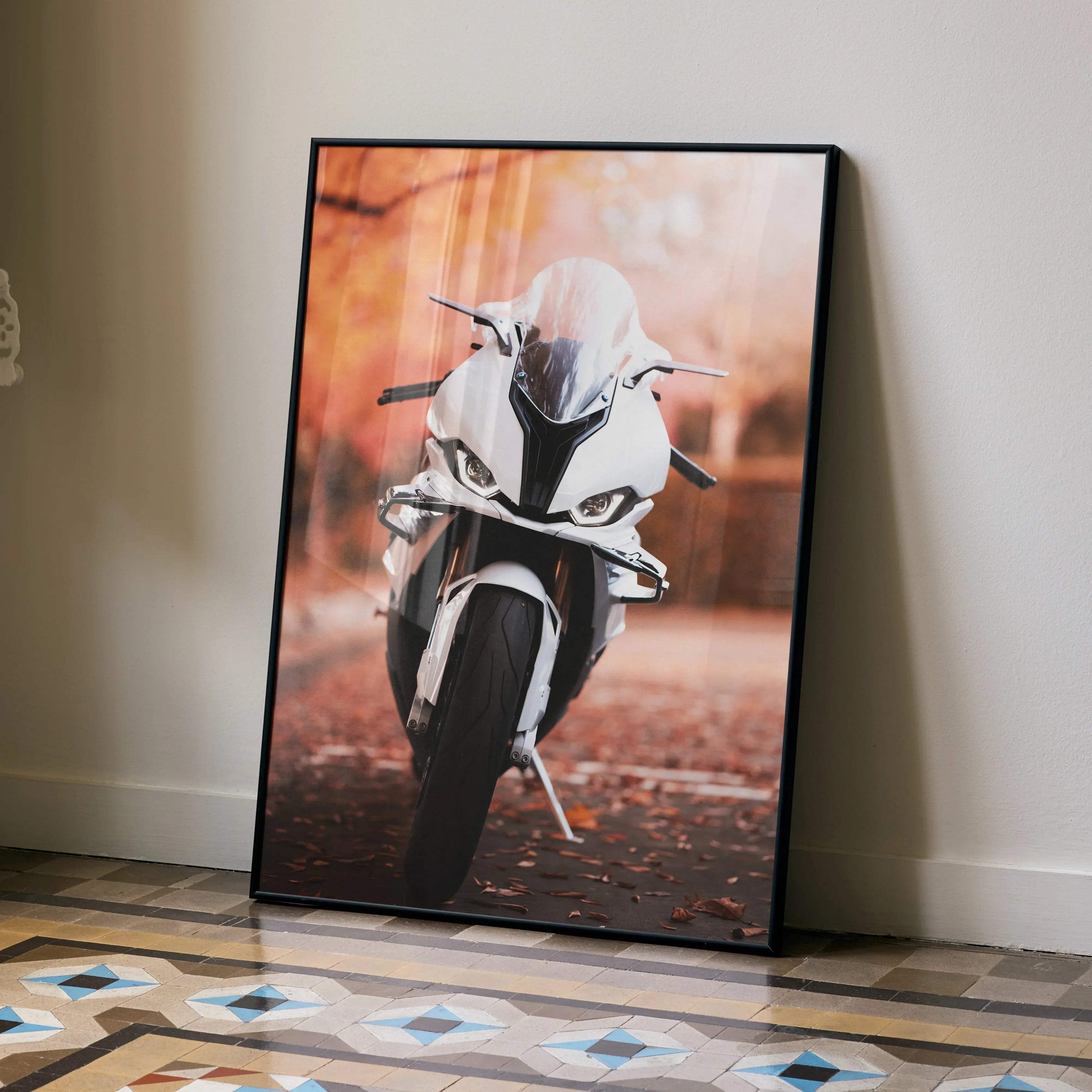 BMW S1000RR motorcycle poster with autumn background, sleek white sportbike wall art.