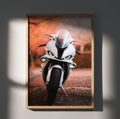 BMW S1000RR motorcycle poster with sleek white bike on autumn road, wall art decor.