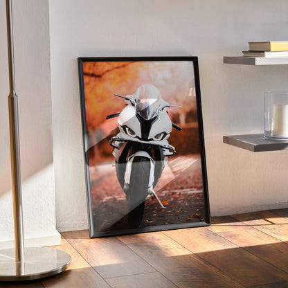 BMW S1000RR motorcycle poster with sleek white sportbike design, modern wall art in black frame.