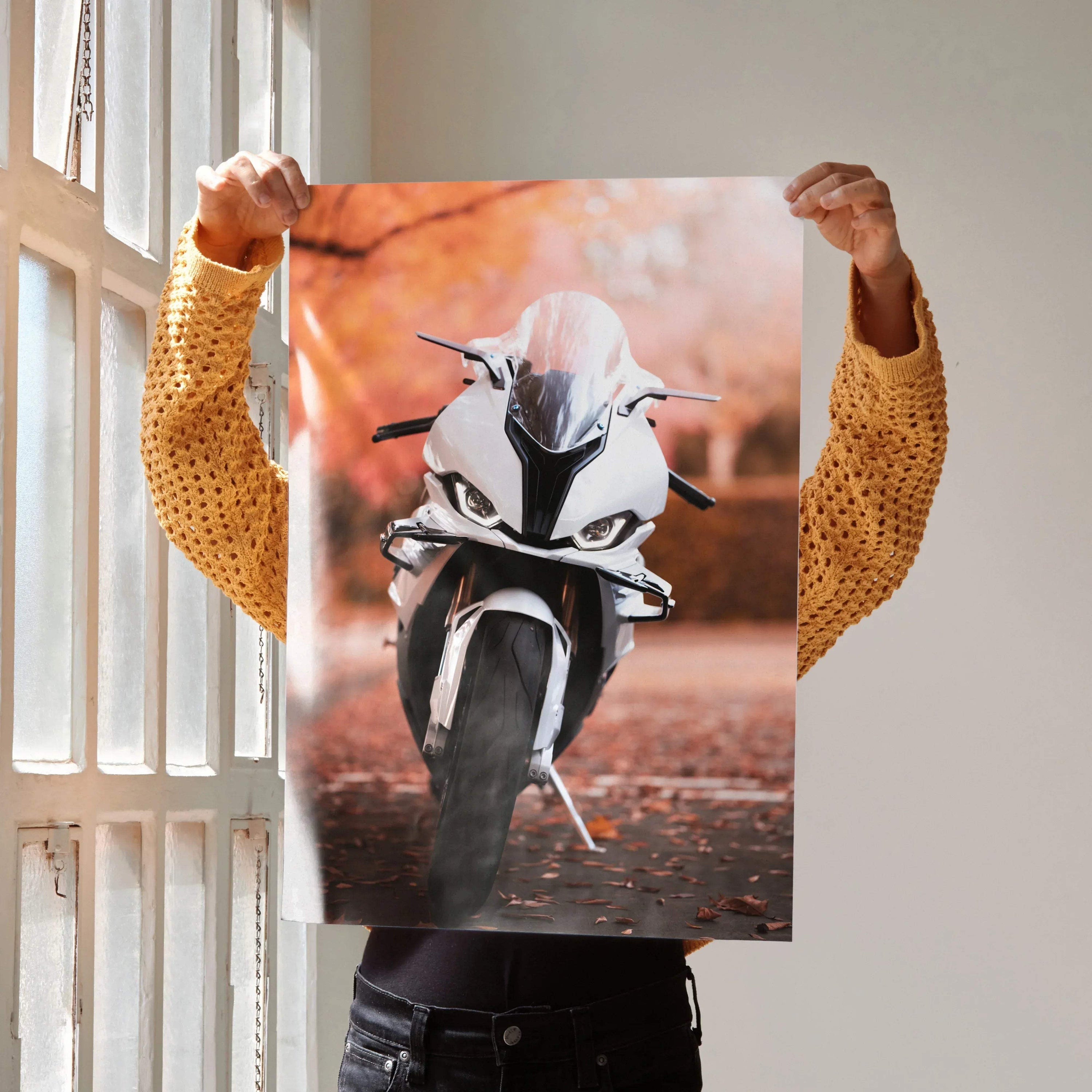 Poster of BMW S1000RR motorcycle front view with autumn background wall art.