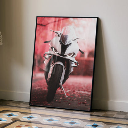 BMW S1000RR motorcycle poster with vibrant red background, black frame wall art print.