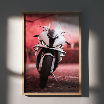 BMW S1000RR motorcycle poster with vibrant red background and sleek white bike wall art.