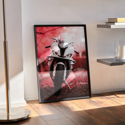 BMW S1000RR motorcycle poster with vibrant red background, satin finish wall art in black frame.