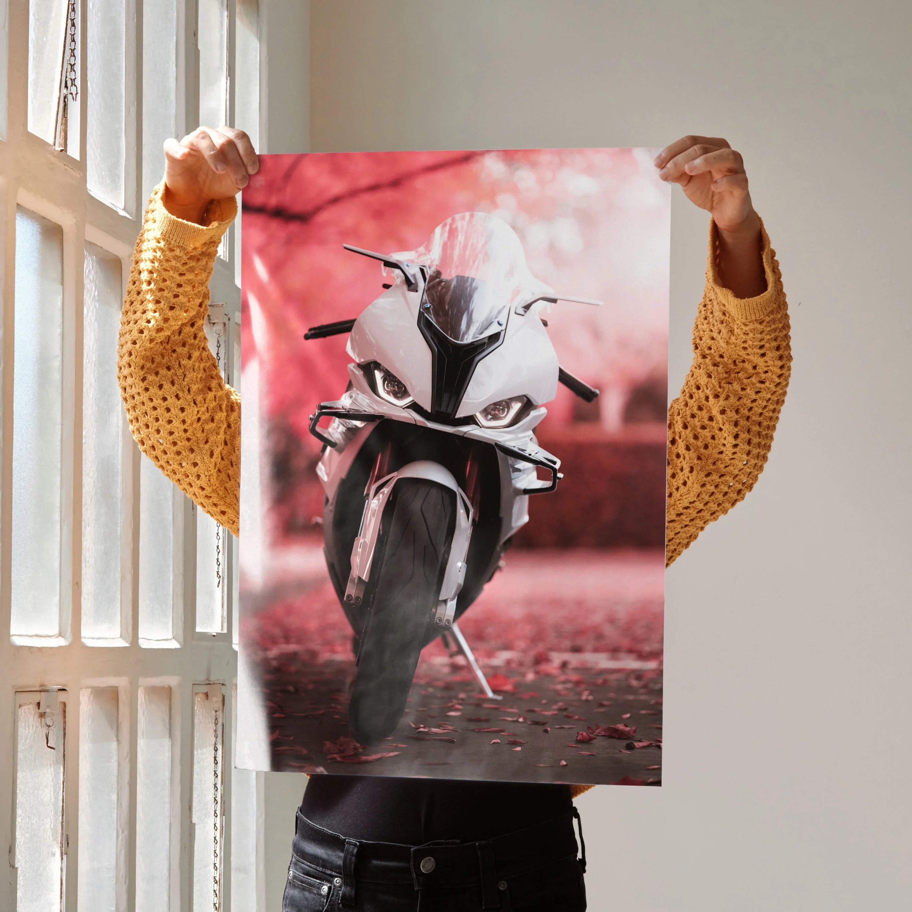 BMW S1000RR motorcycle front view poster with vibrant pink background wall art.