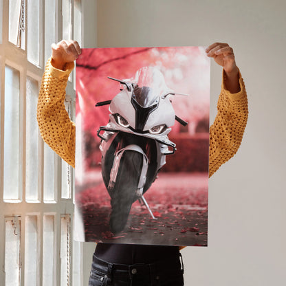 BMW S1000RR motorcycle front view poster with vibrant pink background wall art.