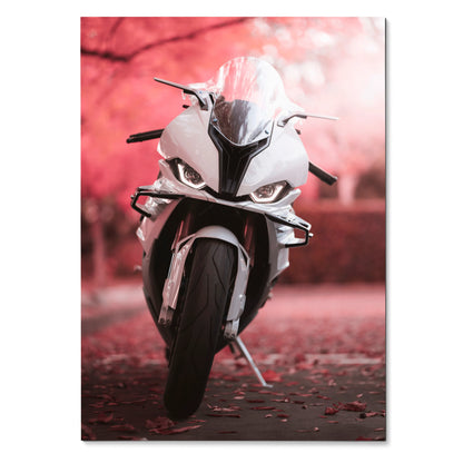 BMW S1000RR motorcycle front view poster with white bike and pink blurred background wall art.