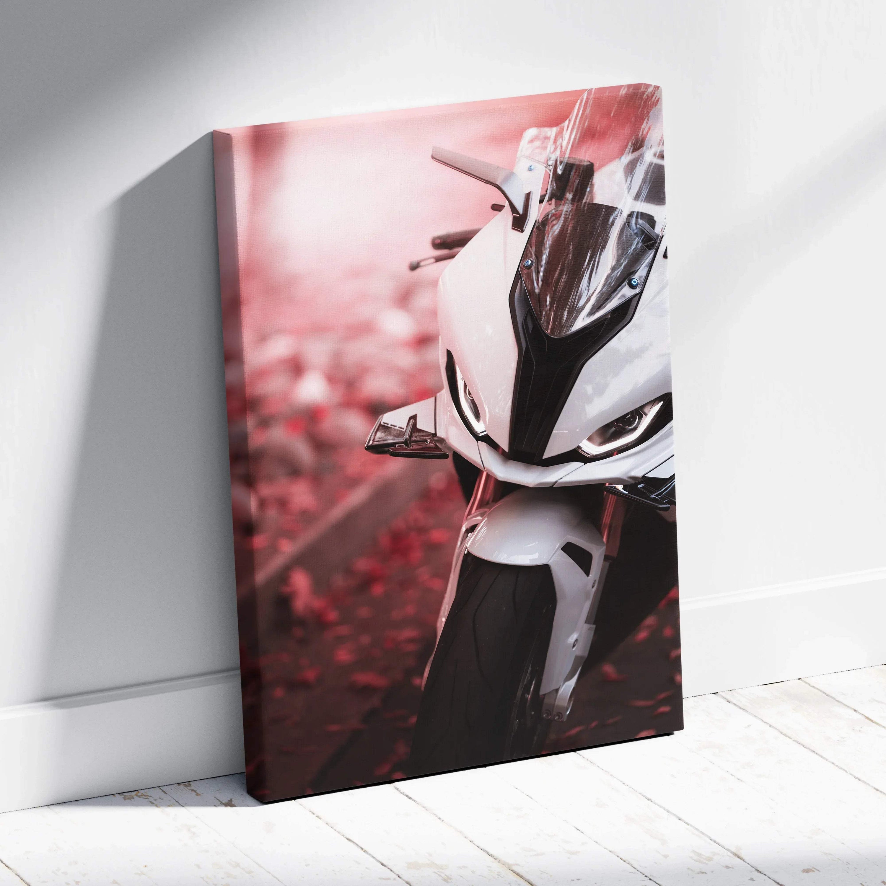 Vertical canvas wall art featuring a close-up of a white BMW S1000RR motorcycle with a blurred red background.