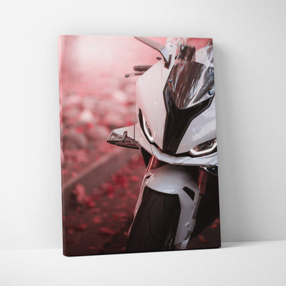 BMW S1000RR motorcycle close-up canvas art with white bike and red autumn leaves background.