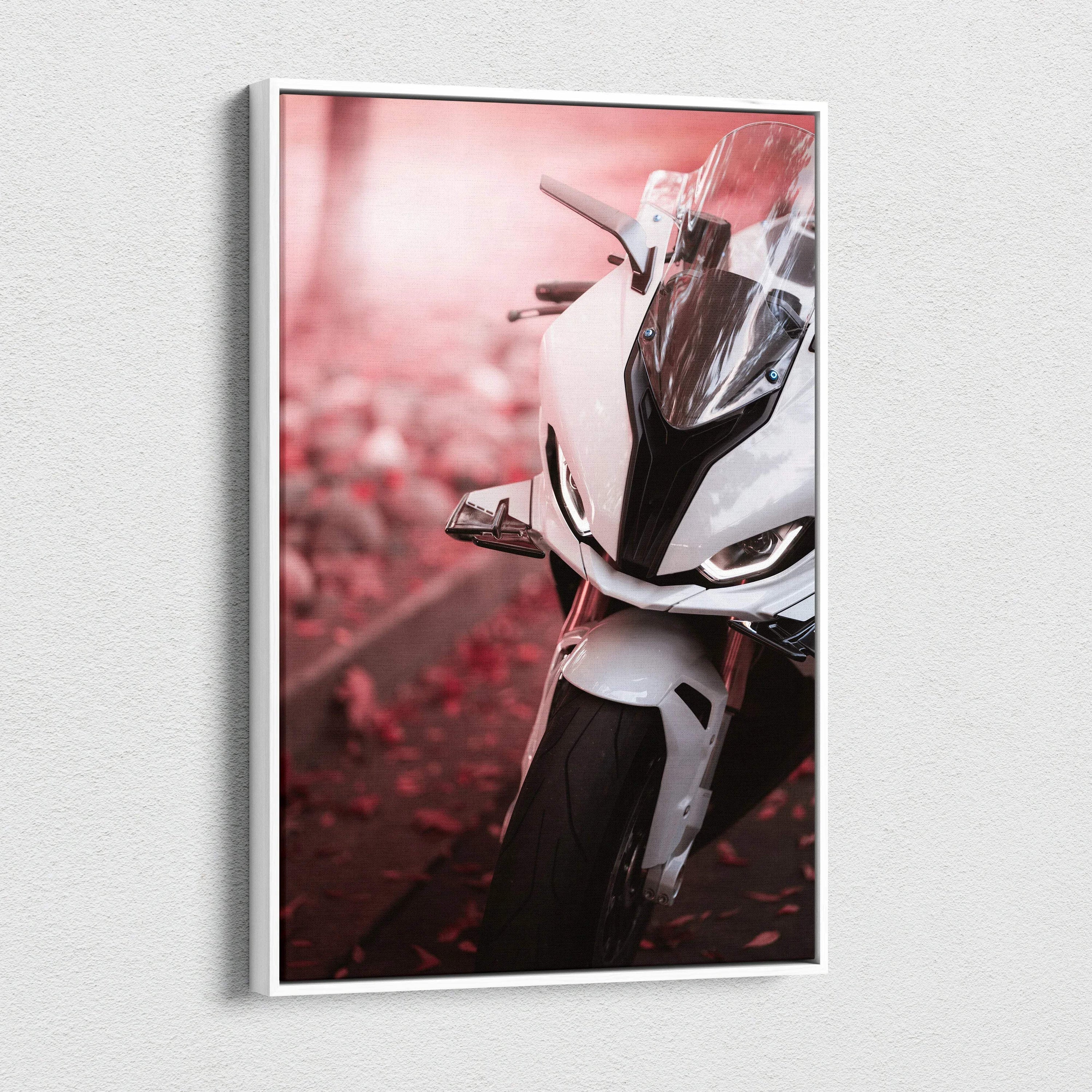 BMW S1000RR motorcycle close-up vertical canvas wall art with red autumn background.