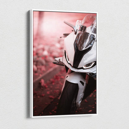 BMW S1000RR motorcycle close-up vertical canvas wall art with red autumn background.