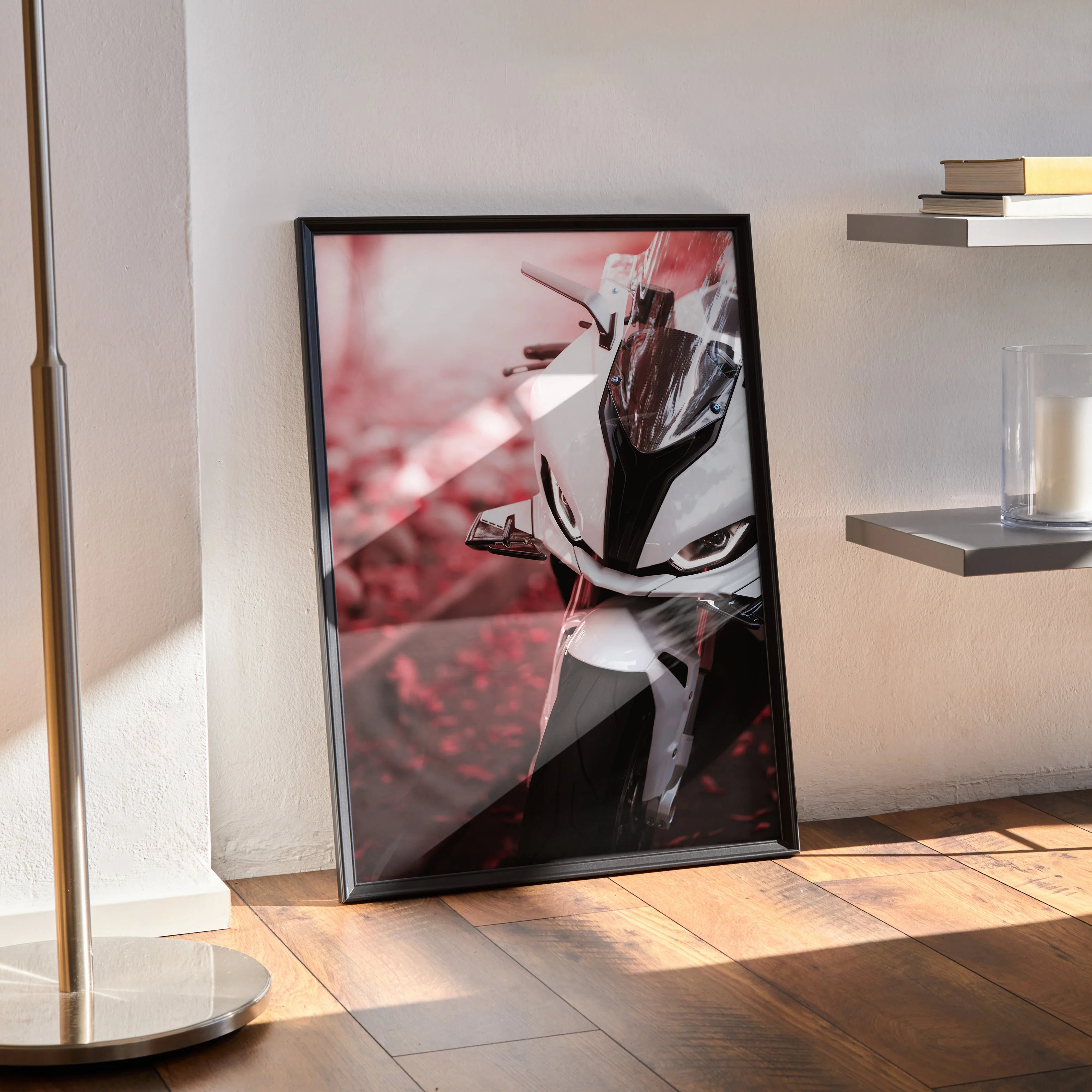 BMW S1000RR motorcycle poster wall art with sleek white bike close-up in black frame.