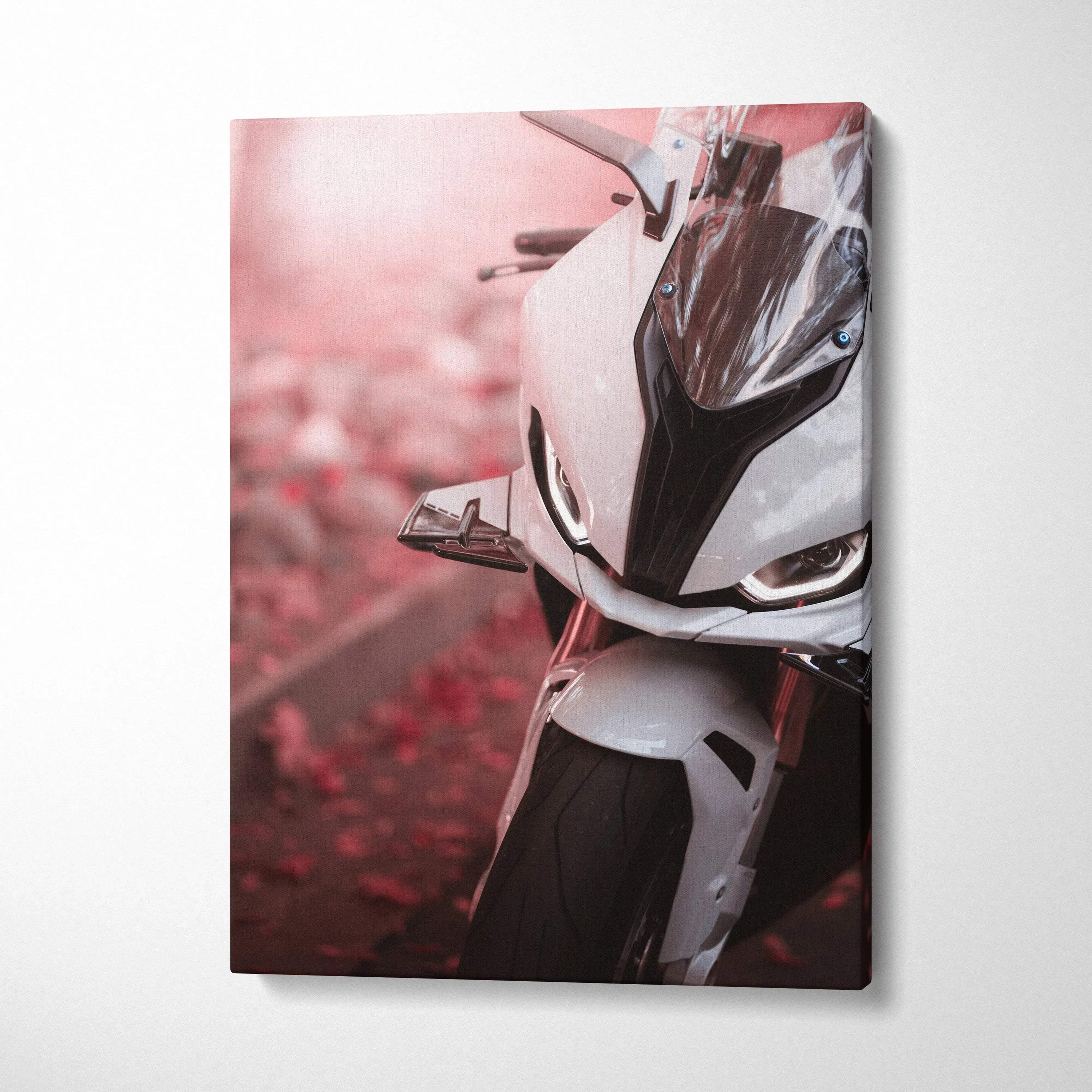 BMW S1000RR motorcycle close-up canvas art with white and black accents, vertical wall art.