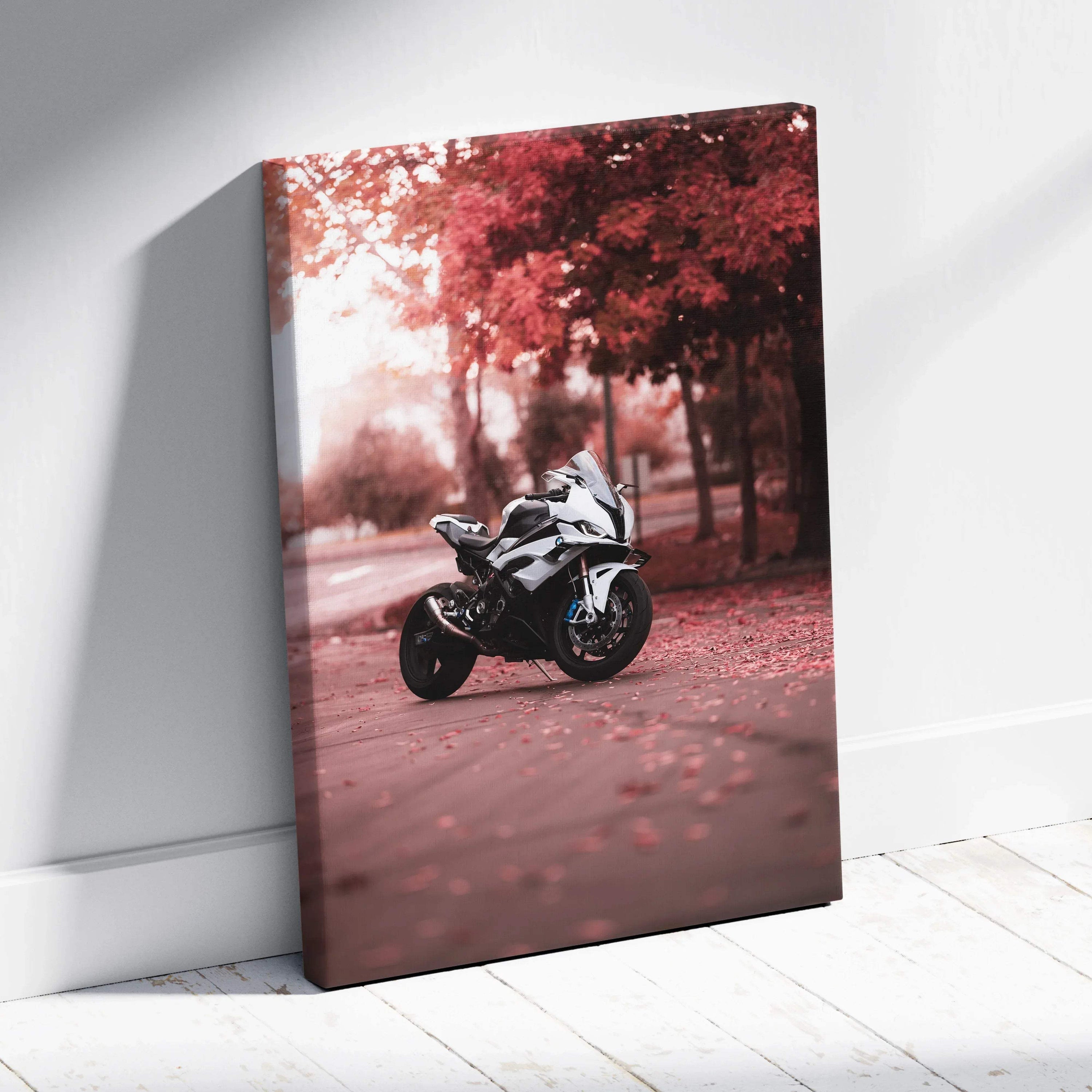 Vertical canvas art featuring a BMW S1000RR motorcycle with red autumn trees in the background.