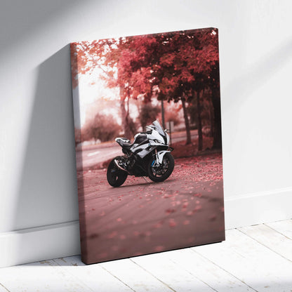 Vertical canvas art featuring a BMW S1000RR motorcycle with red autumn trees in the background.
