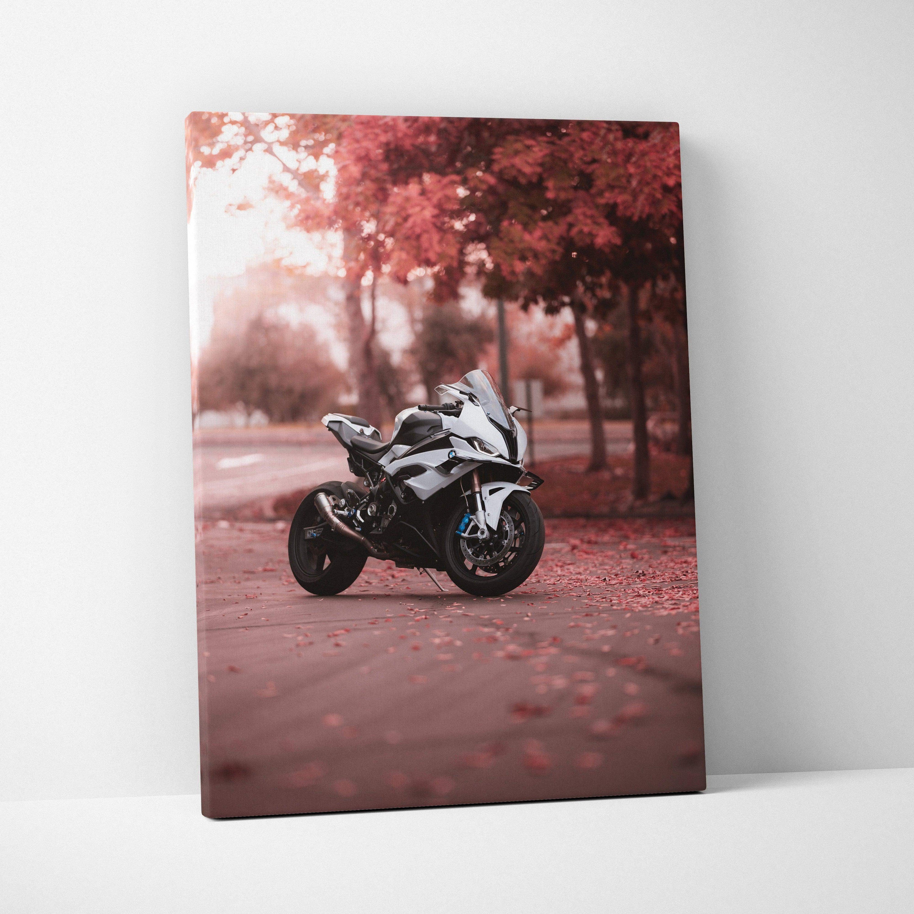 BMW S1000RR motorcycle canvas art with autumn trees and red leaves wall art.