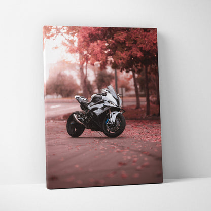 BMW S1000RR motorcycle canvas art with autumn trees and red leaves wall art.