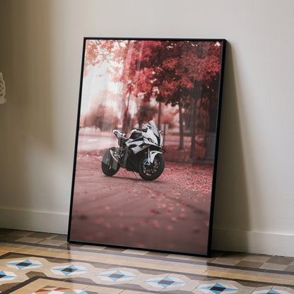 BMW S1000RR motorcycle poster with red autumn trees, modern wall art in a black frame.