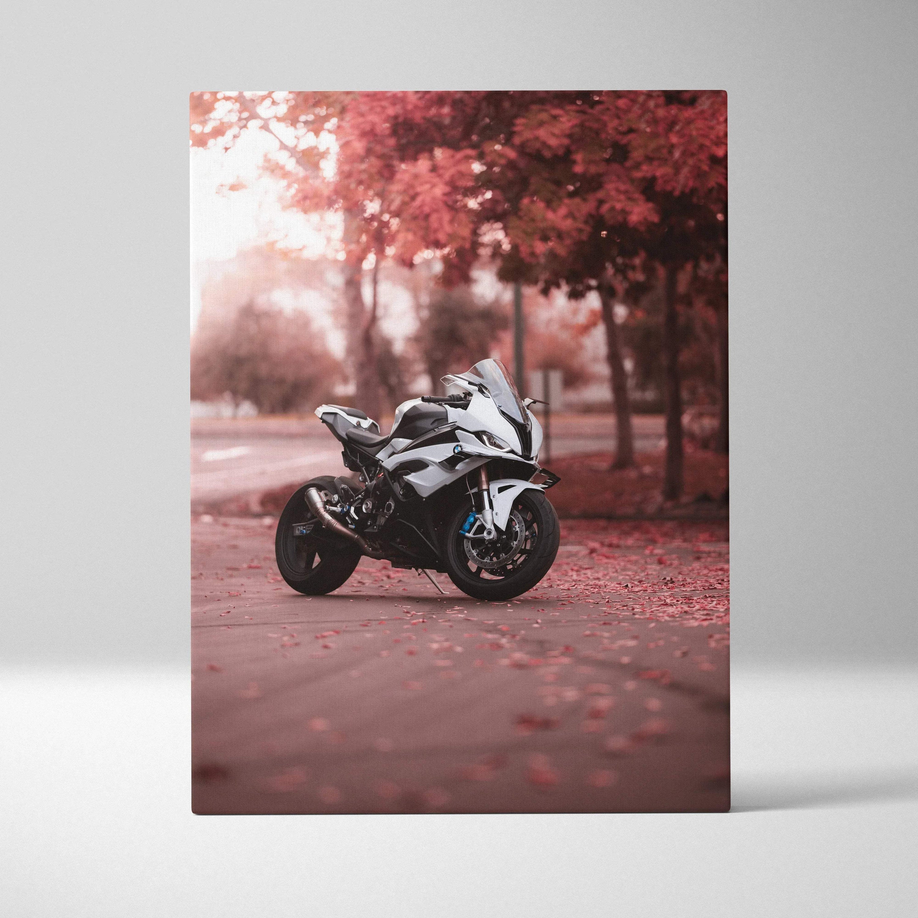 BMW S1000RR motorcycle on autumn road canvas wall art with warm red tones.