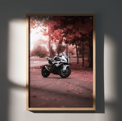 BMW S1000RR motorcycle poster with autumn trees background wall art in warm tones.