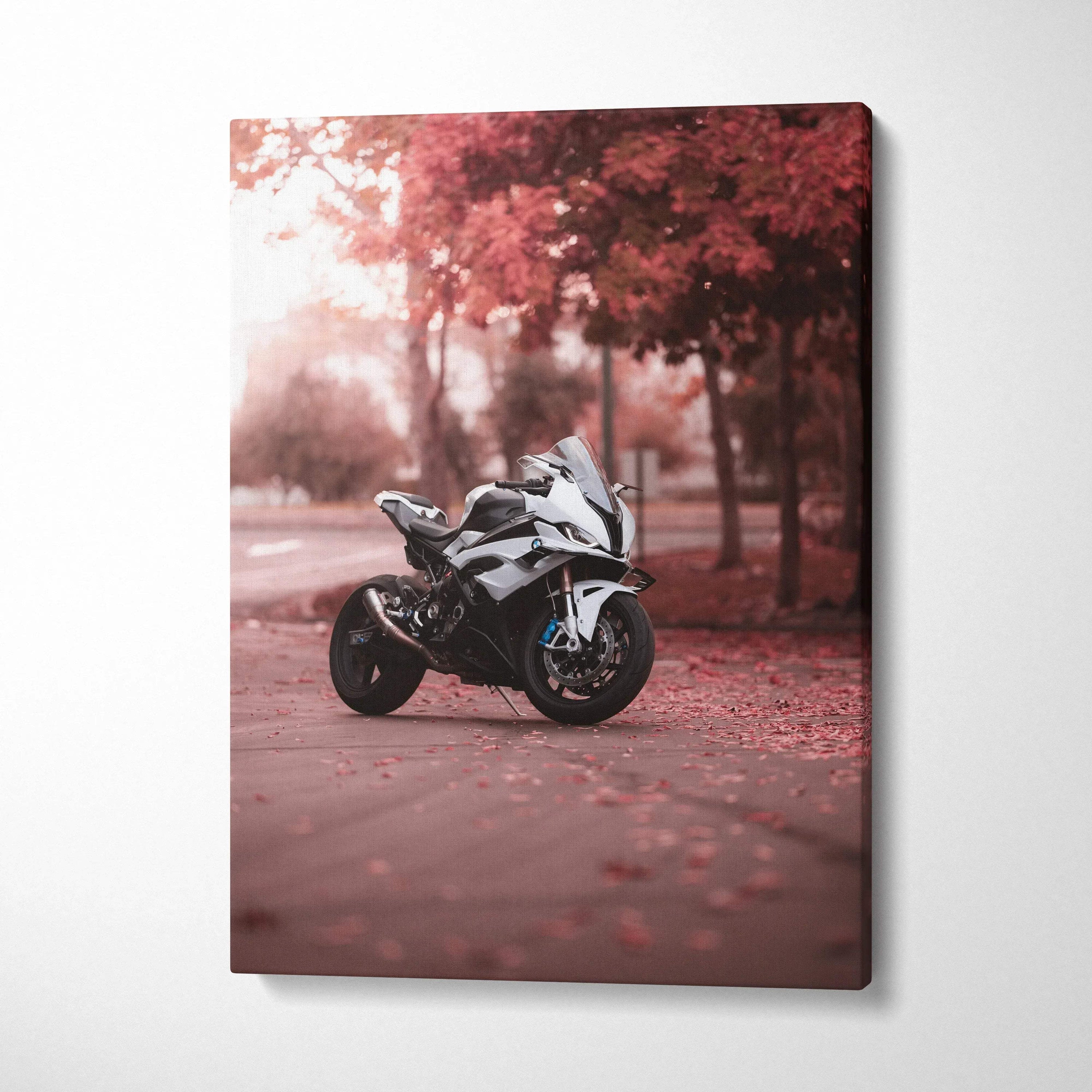 BMW S1000RR motorcycle on a red autumn path canvas wall art in vertical format.