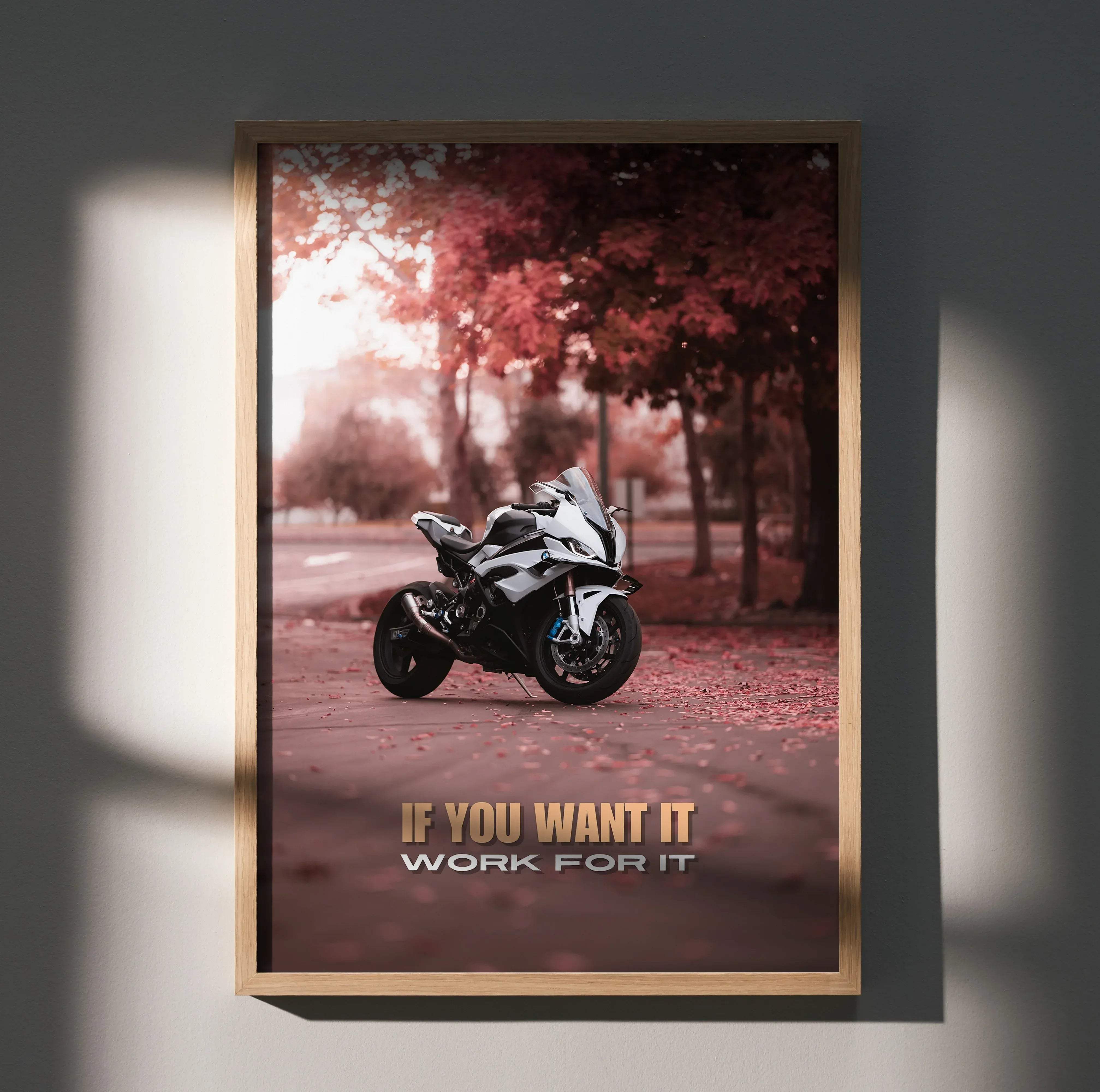 A sleek silver and black sport motorcycle poster inspired by BMW S1000RR in a light wood frame with a glossy finish