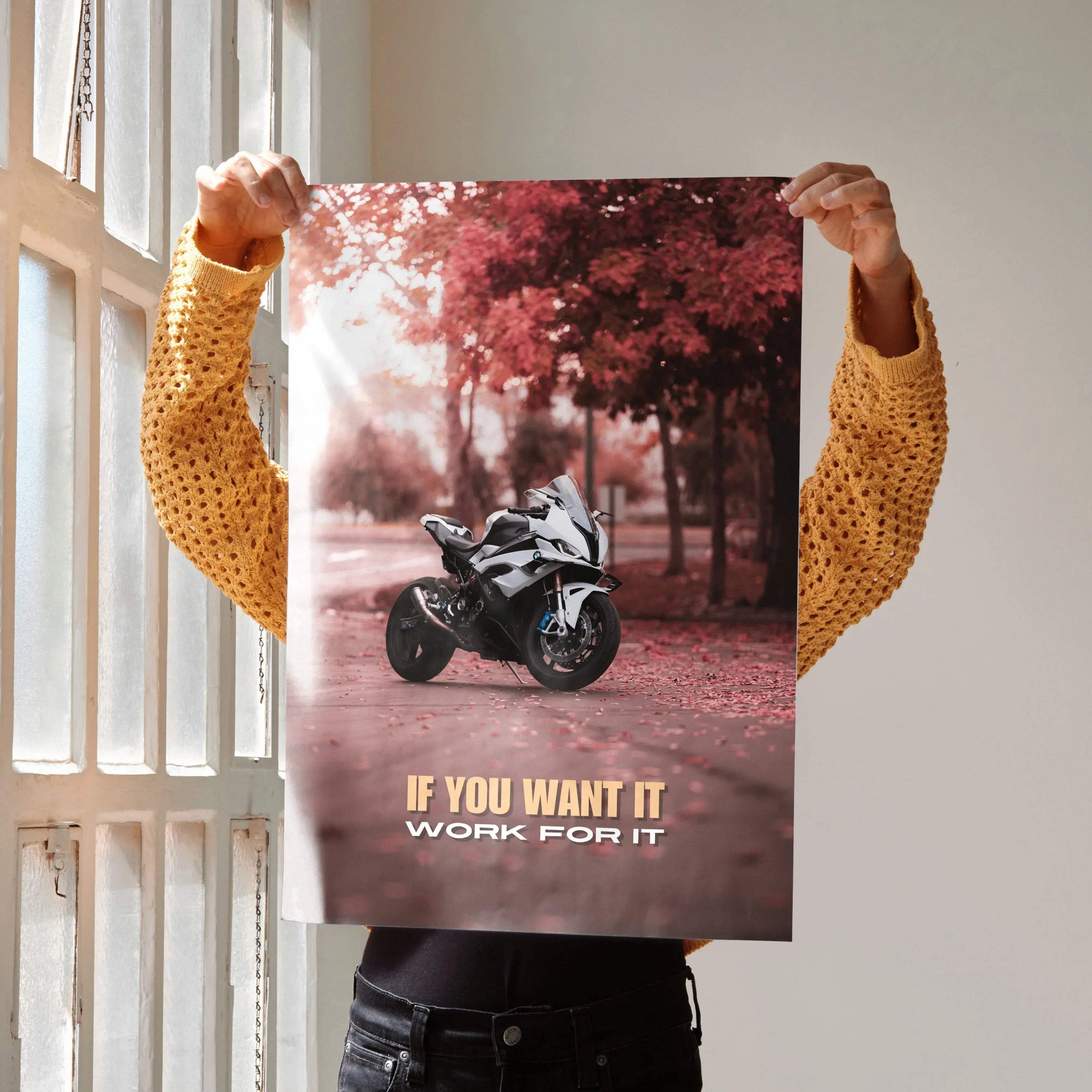 Motivational poster wall art featuring BMW S1000RR motorcycle with inspiring text "If You Want It Work For It".