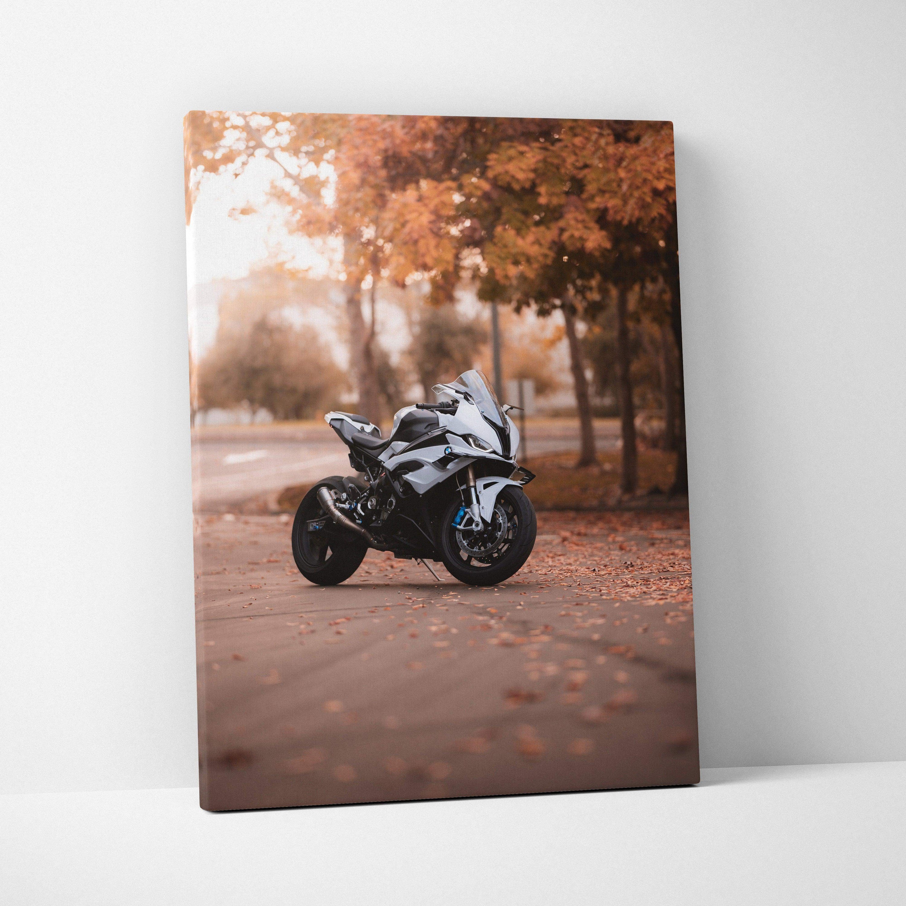 Vertical canvas art featuring a white BMW S1000RR motorcycle on an autumn road with orange leaves.
