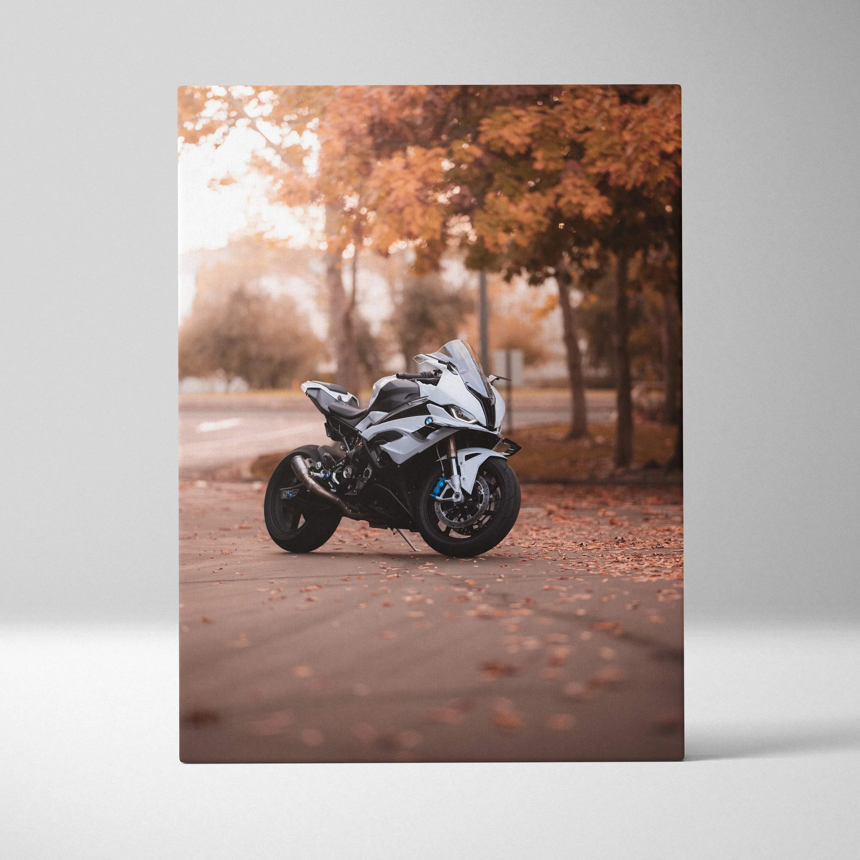 BMW S1000RR motorcycle in autumn setting on high-resolution vertical canvas wall art.