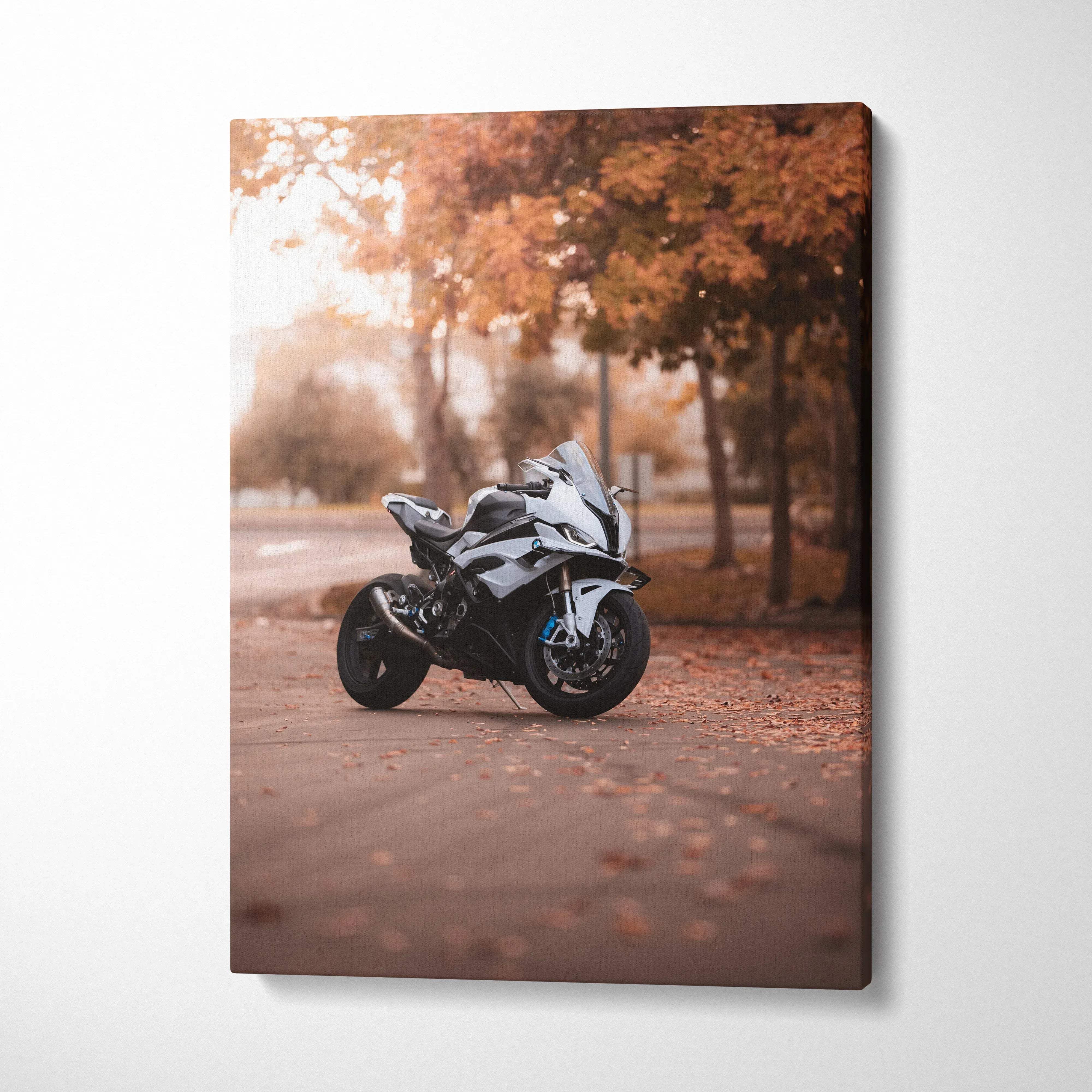 BMW S1000RR sport bike canvas art with autumn trees background, vertical wall art print.