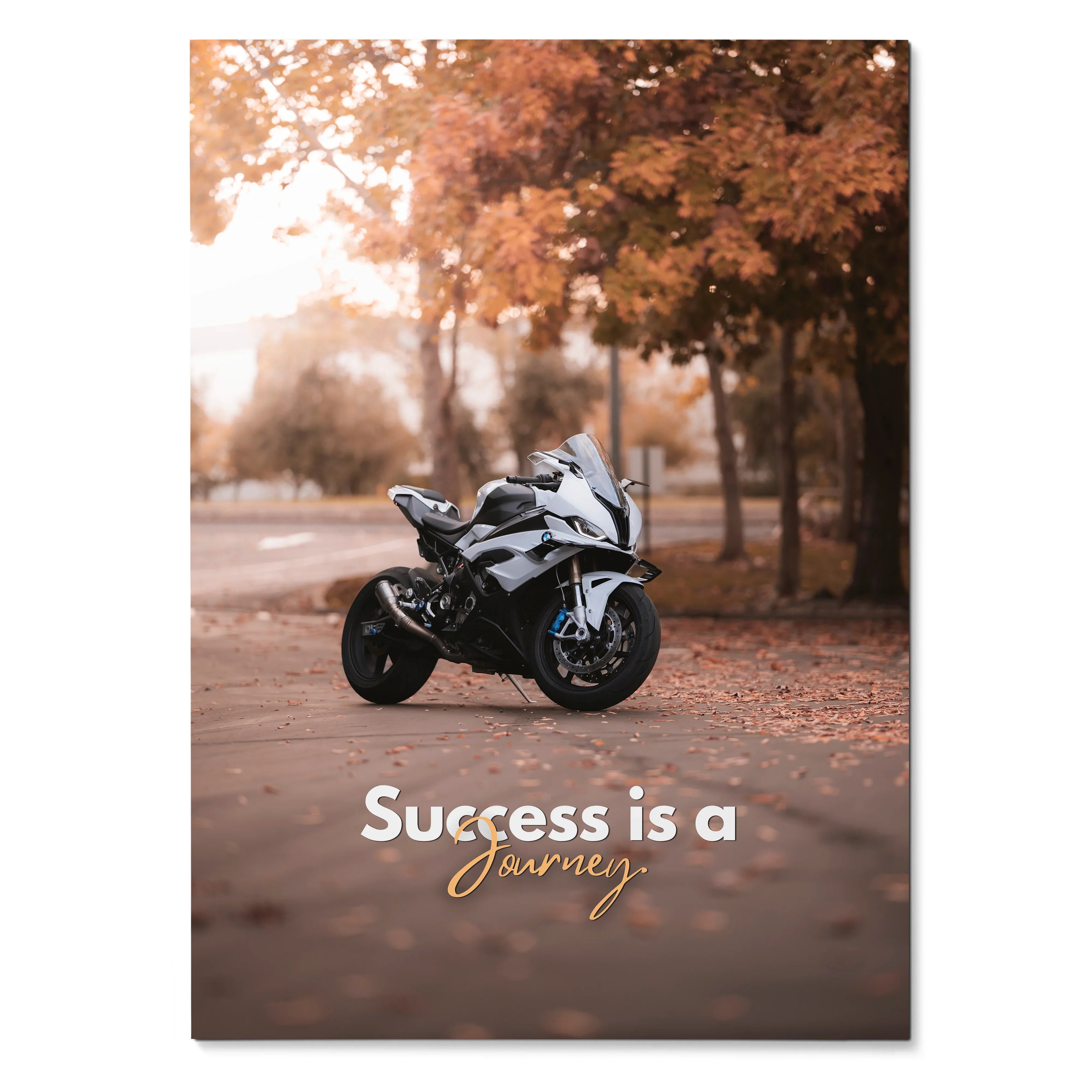 BMW S1000RR motorcycle poster with autumn background and "Success is a journey" text wall art.
