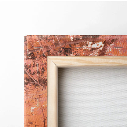 Close-up of wooden frame corner on BMW S1000RR vertical canvas wall art with textured orange and black motorcycle design.