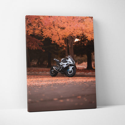 BMW S1000RR motorcycle in white parked under autumn trees on vertical canvas wall art.