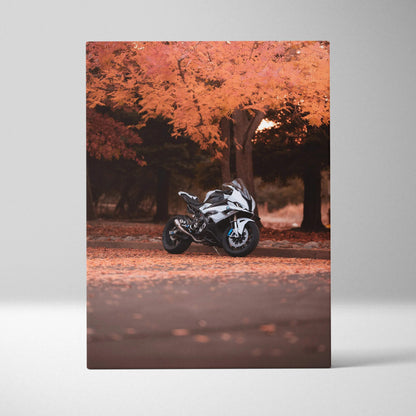 BMW S1000RR motorcycle on road with autumn trees canvas wall art vertical print.