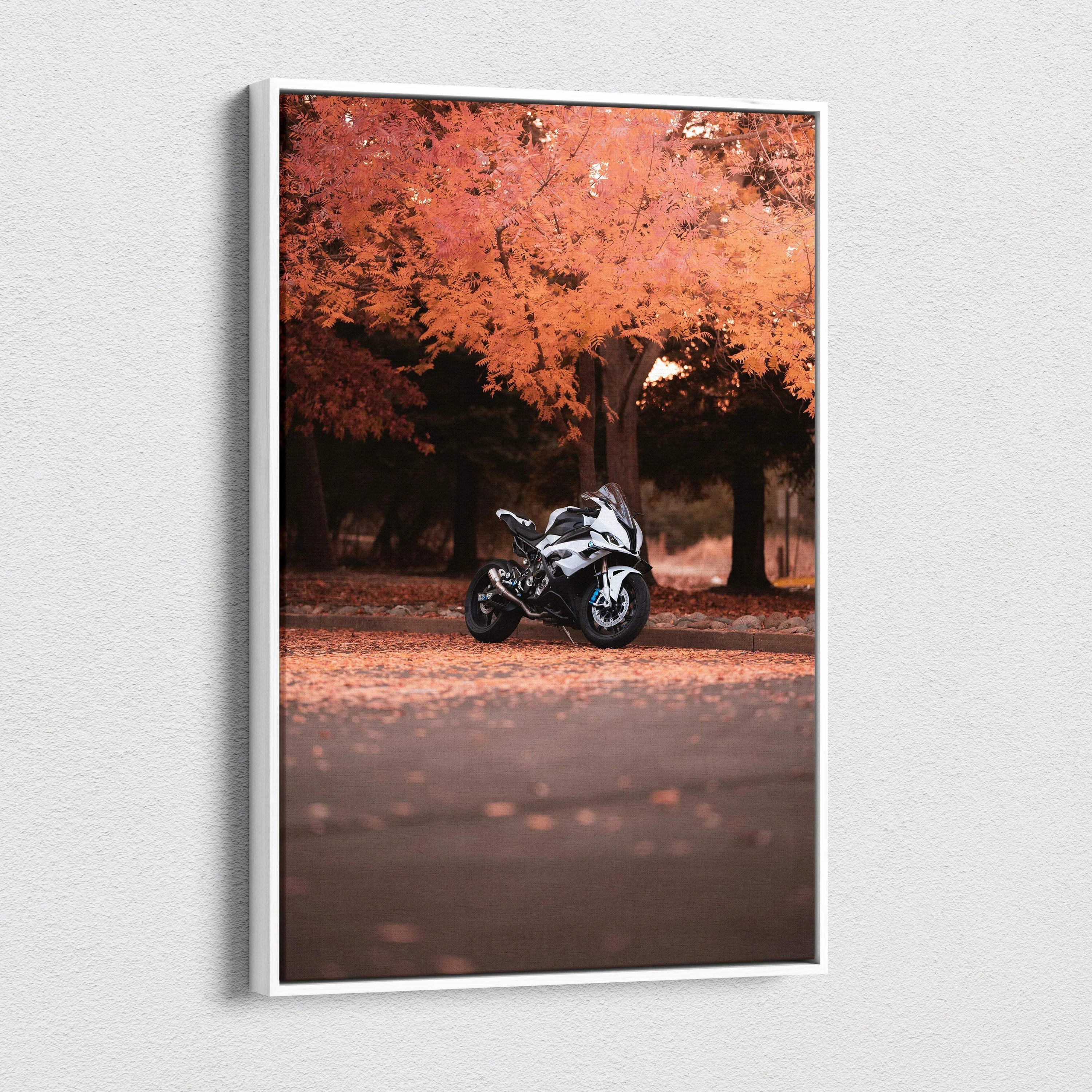 BMW S1000RR motorcycle printed on vertical canvas art with autumn tree leaves background wall art.