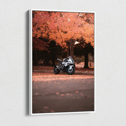 BMW S1000RR motorcycle printed on vertical canvas art with autumn tree leaves background wall art.