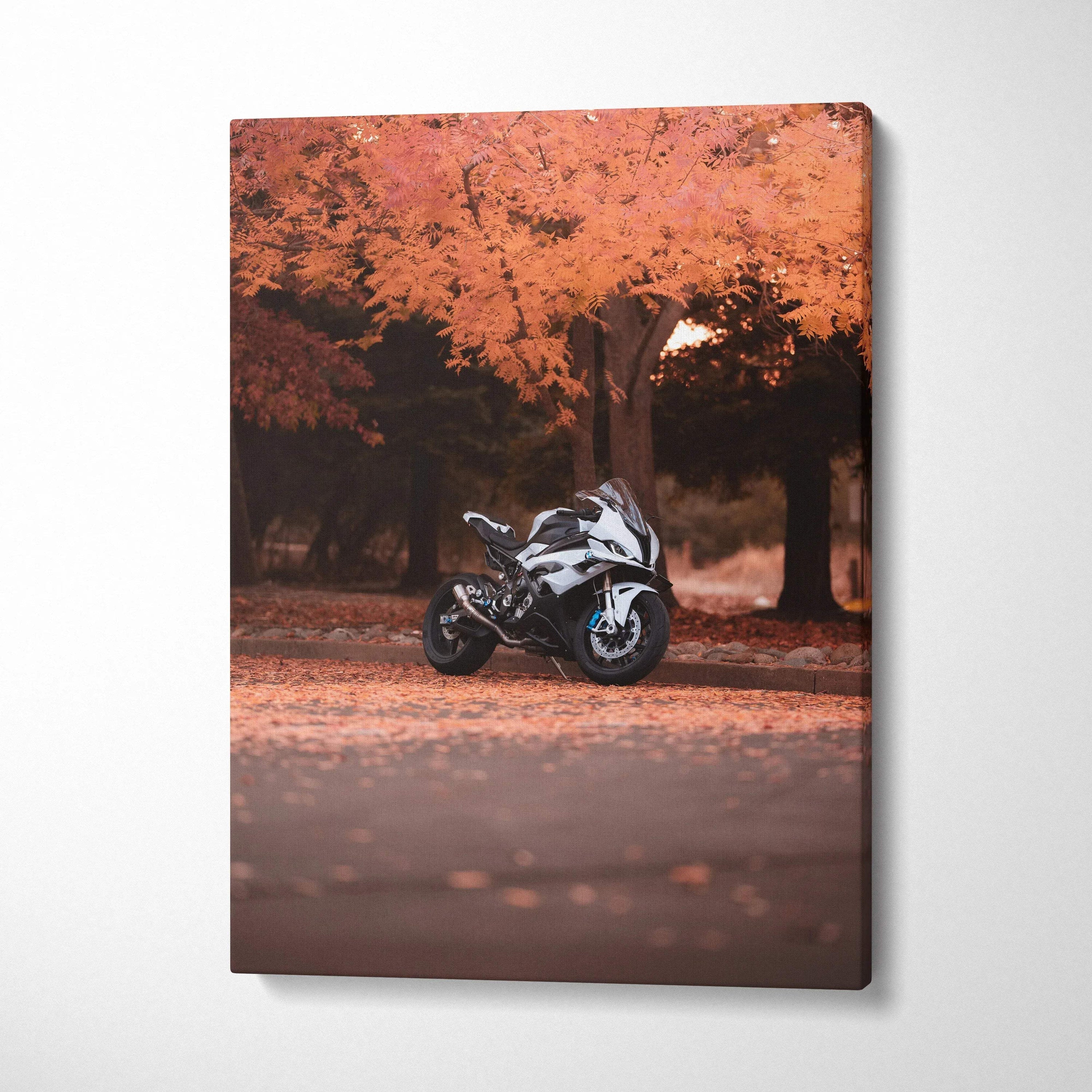 BMW S1000RR motorcycle wall art on vertical canvas with autumn foliage background.