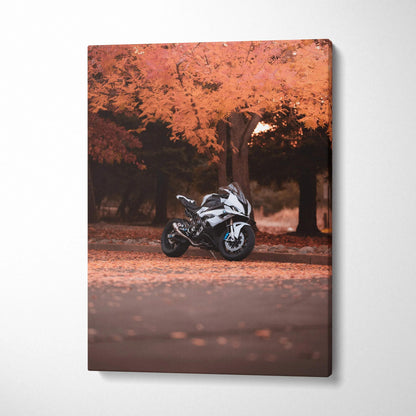 BMW S1000RR motorcycle wall art on vertical canvas with autumn foliage background.