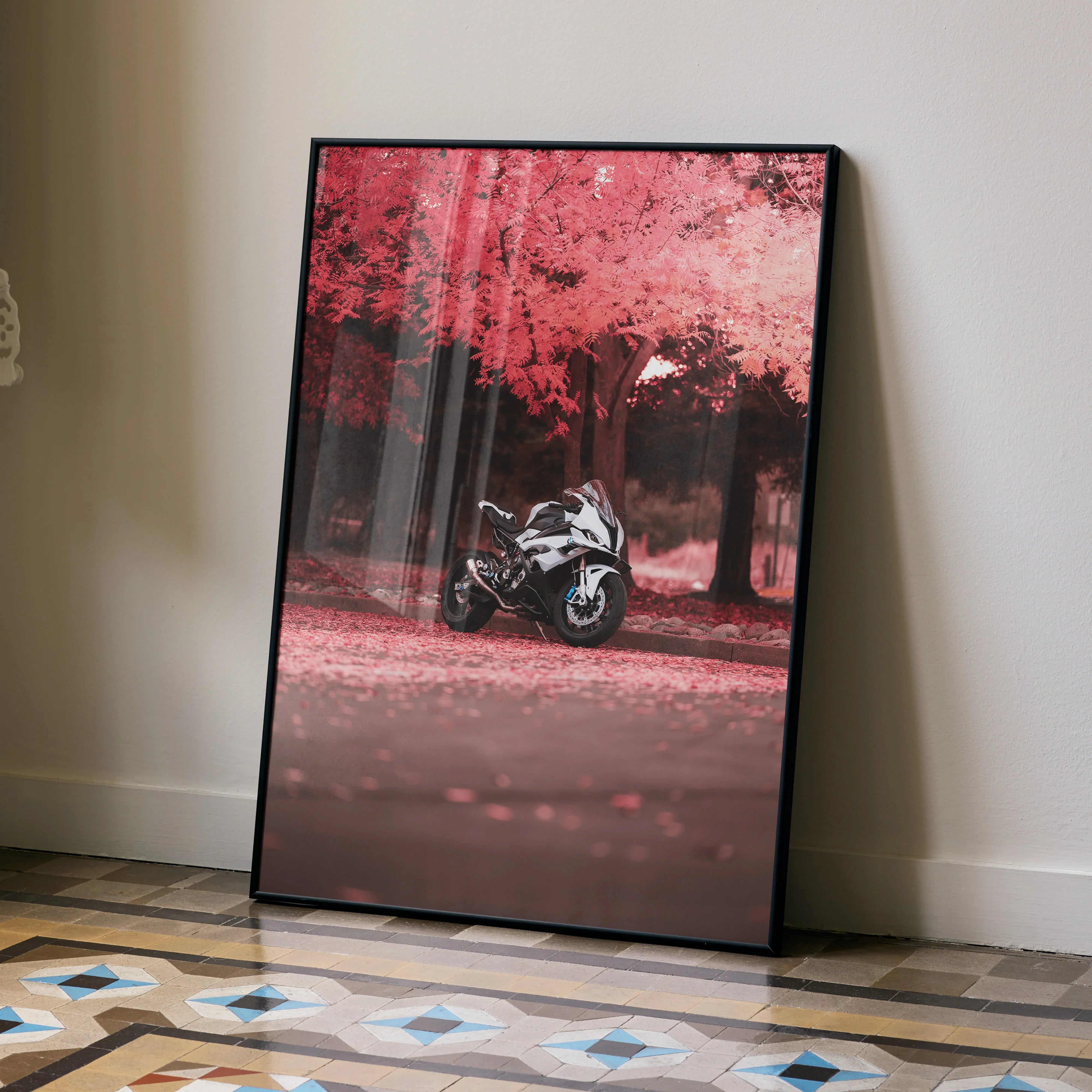BMW S1000RR motorcycle poster with red autumn trees, modern wall art in black frame.