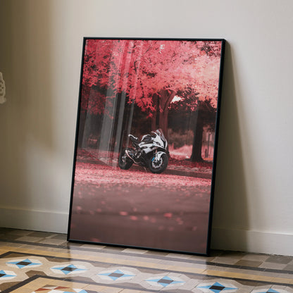 BMW S1000RR motorcycle poster with red autumn trees, modern wall art in black frame.