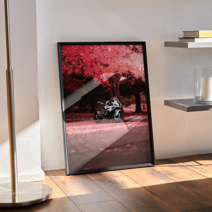 BMW S1000RR motorcycle poster featuring red autumn trees, black frame wall art leaning on hardwood floor.