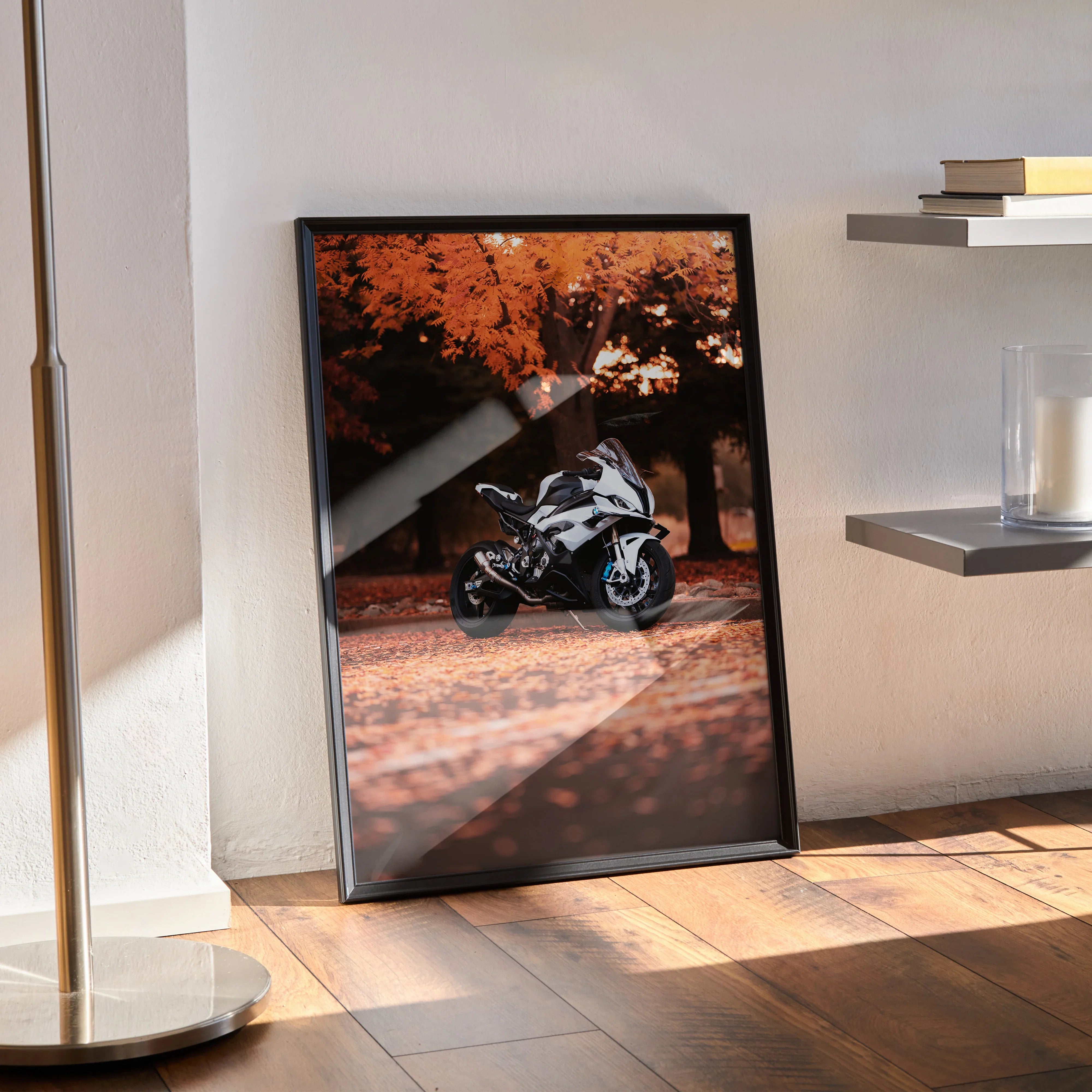 BMW S1000RR motorcycle poster wall art with autumn forest background in black frame.