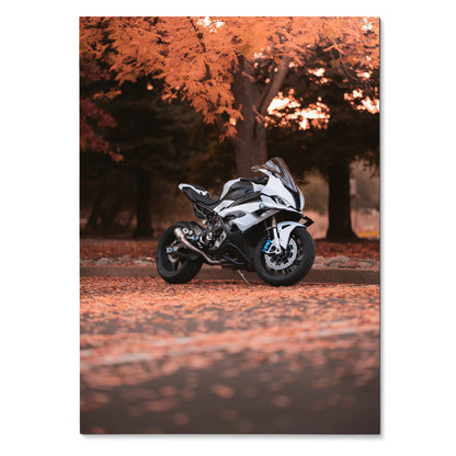 BMW S1000RR motorcycle wall art poster with autumn forest background in warm orange tones.