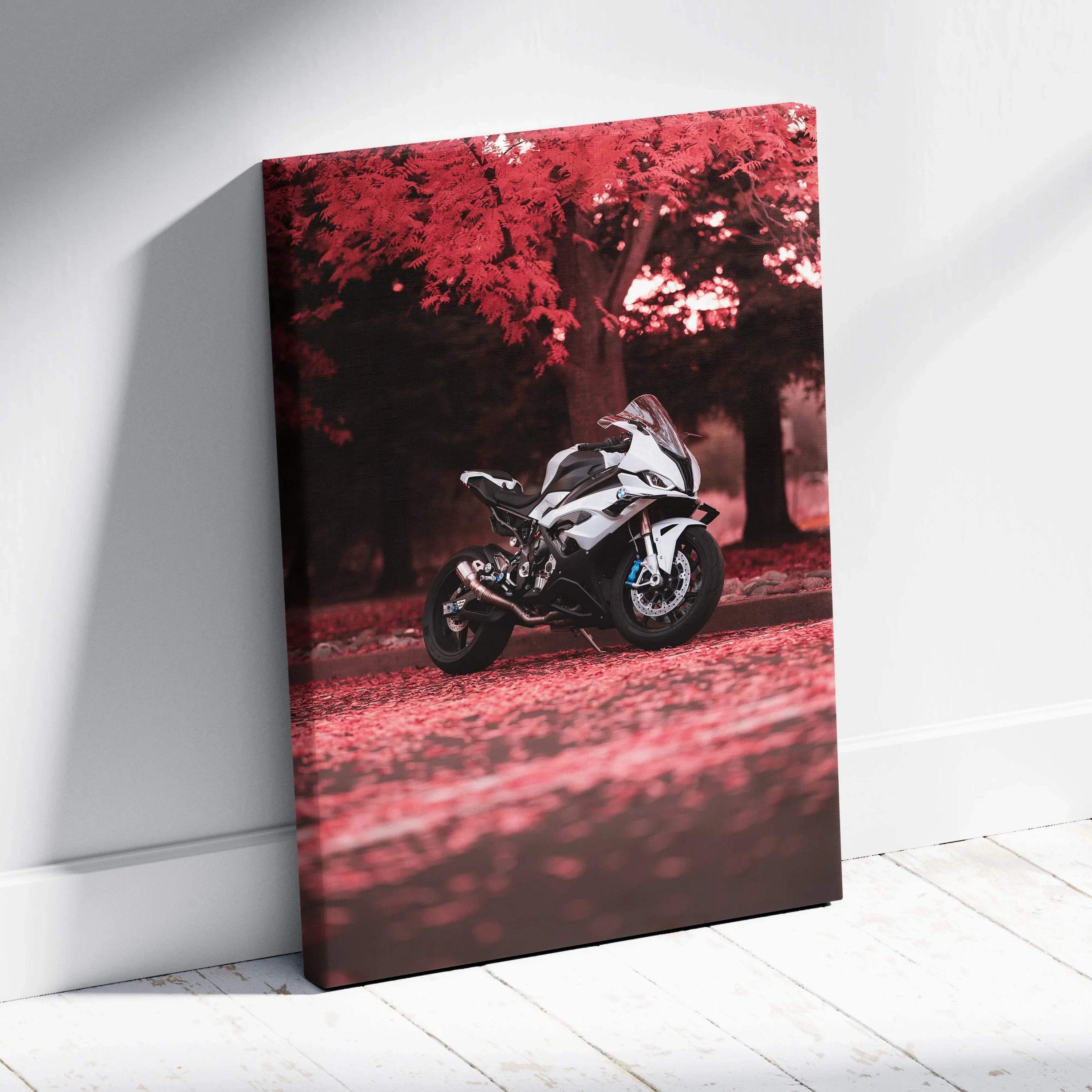 Vertical canvas art of a white BMW S1000RR motorcycle under red autumn trees wall art.