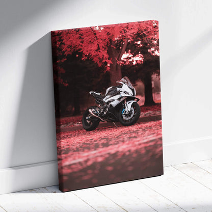 Vertical canvas art of a white BMW S1000RR motorcycle under red autumn trees wall art.