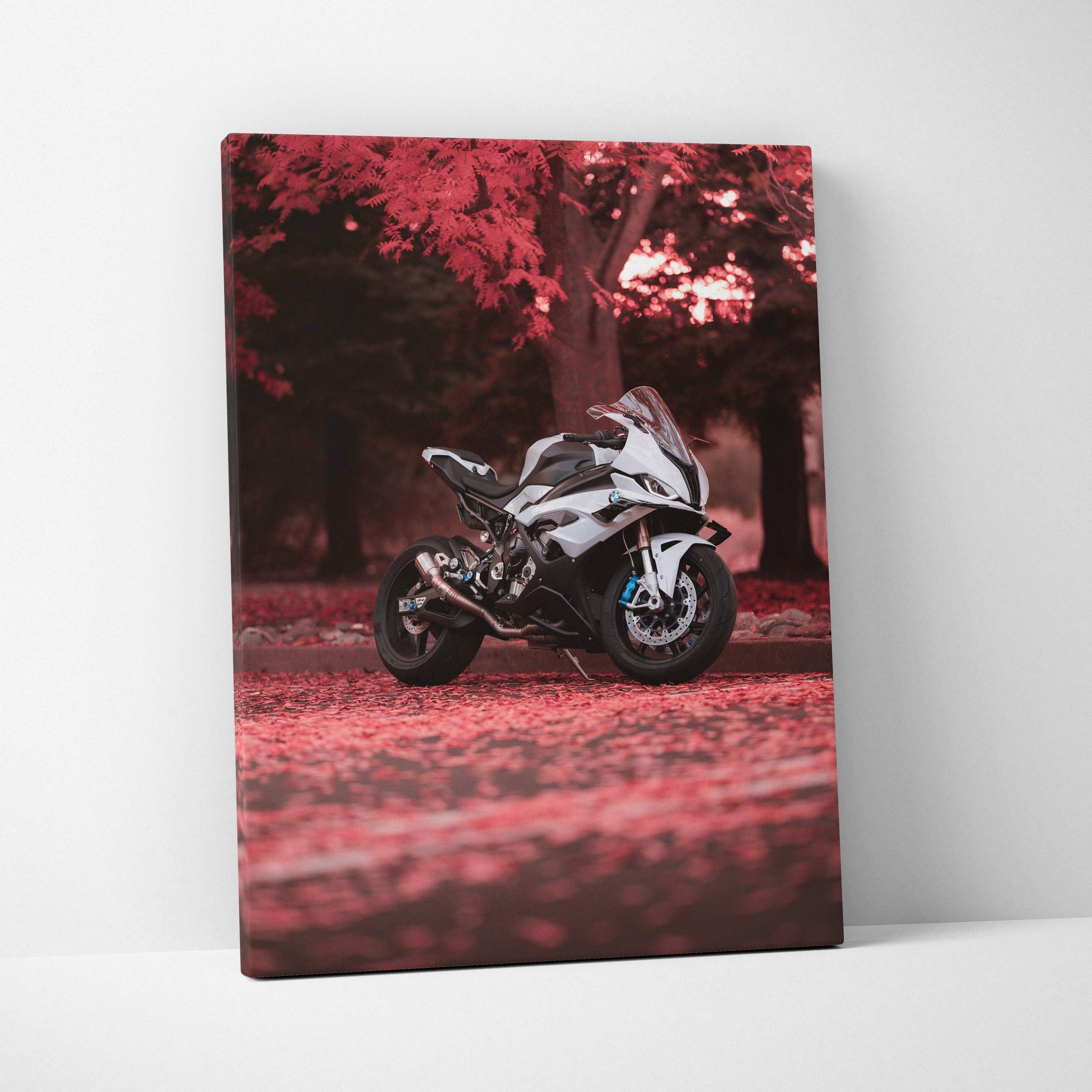BMW S1000RR motorcycle canvas wall art with red autumn background, high-resolution vertical print.
