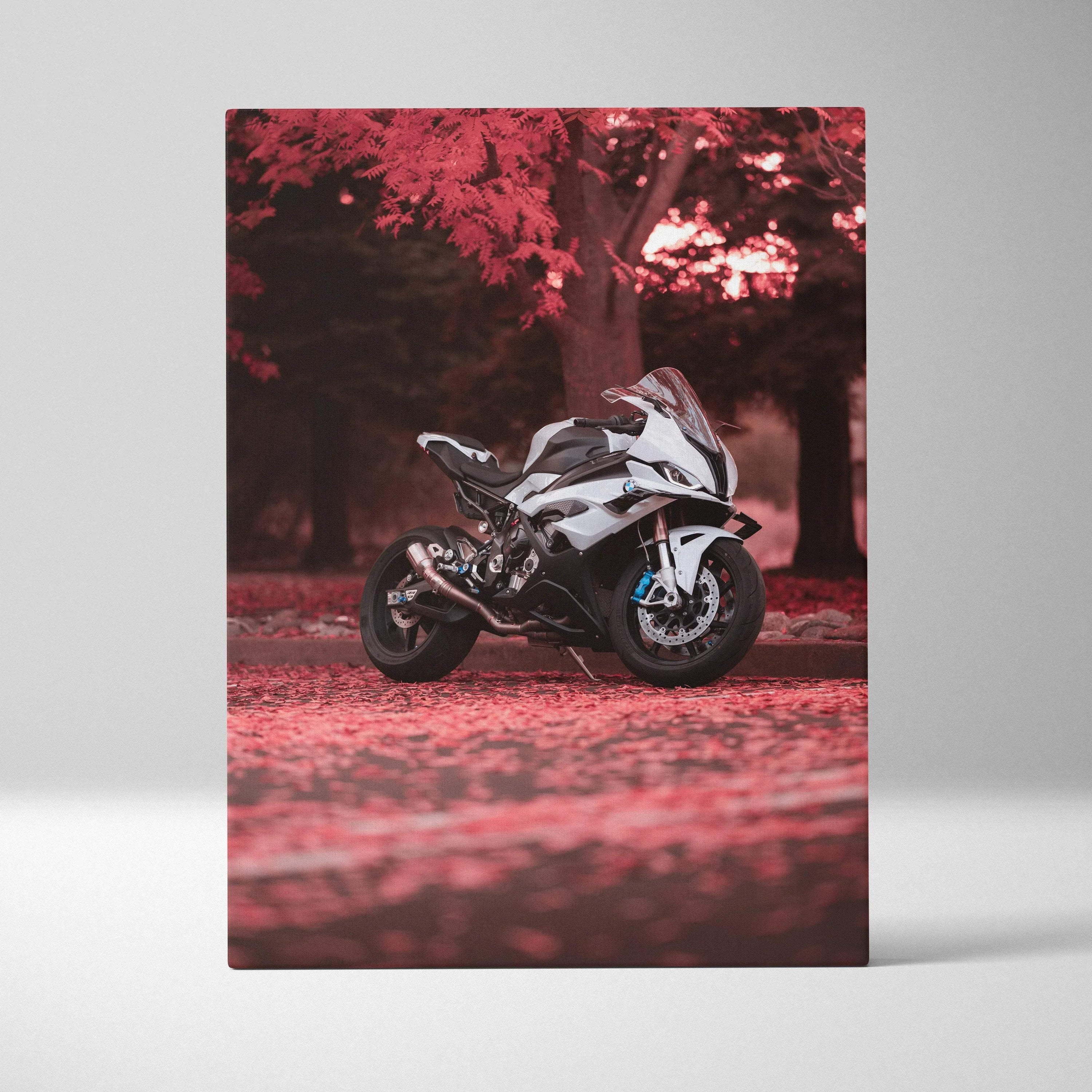 Vertical canvas art featuring a white BMW S1000RR motorcycle against red autumn trees wall art.
