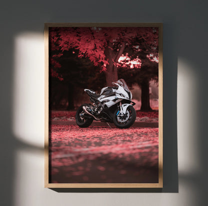 BMW S1000RR motorcycle poster with red autumn leaves background in wooden frame wall art.