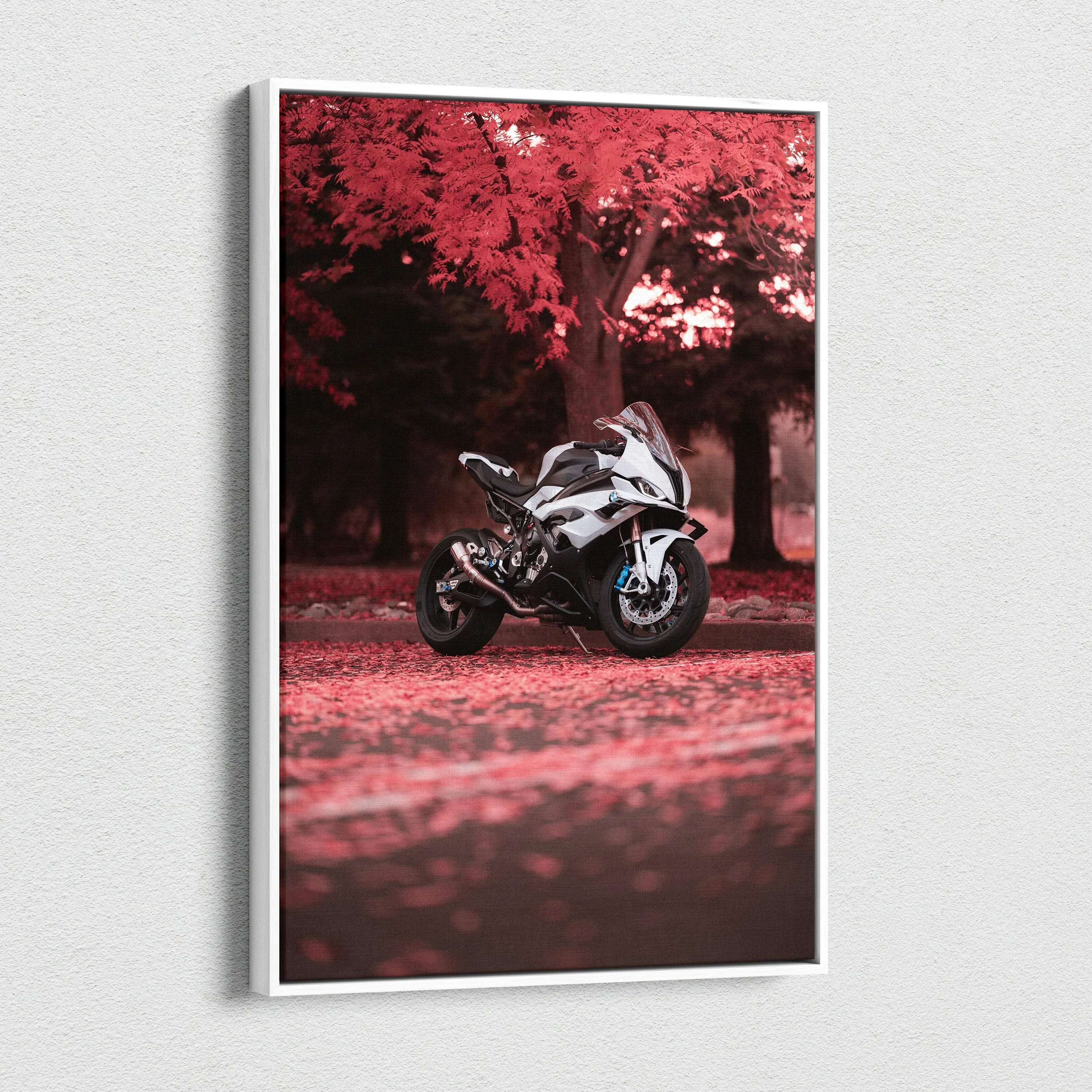 Vertical canvas art featuring a BMW S1000RR motorcycle with red autumn trees background wall art.