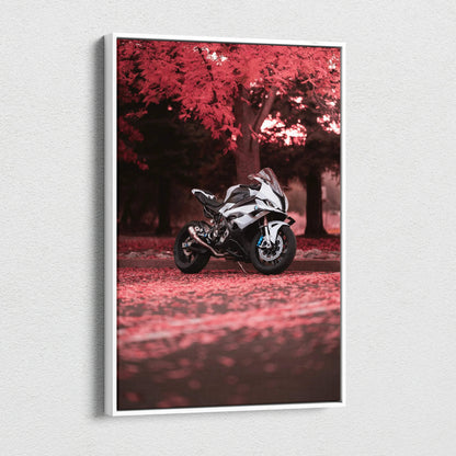Vertical canvas art featuring a BMW S1000RR motorcycle with red autumn trees background wall art.